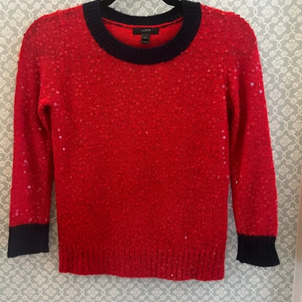 J. Crew Red Poppy Sequin and Navy Trimmed Sweater